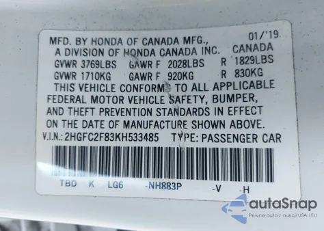 2019 Honda Civic Sport z USA, uszkodzony, nr VIN 2HGFC2F83KH533485